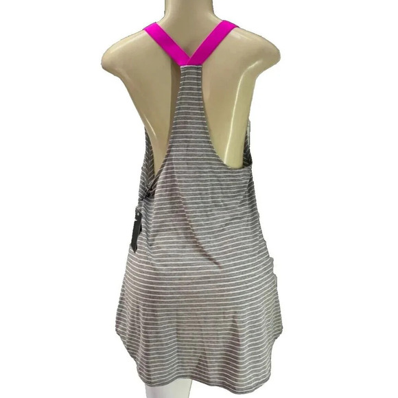 Nike S Gray Striped Logo Neon Pink Straps Curved Hem Scoop Neck Racerback Tank - Picture 4 of 6